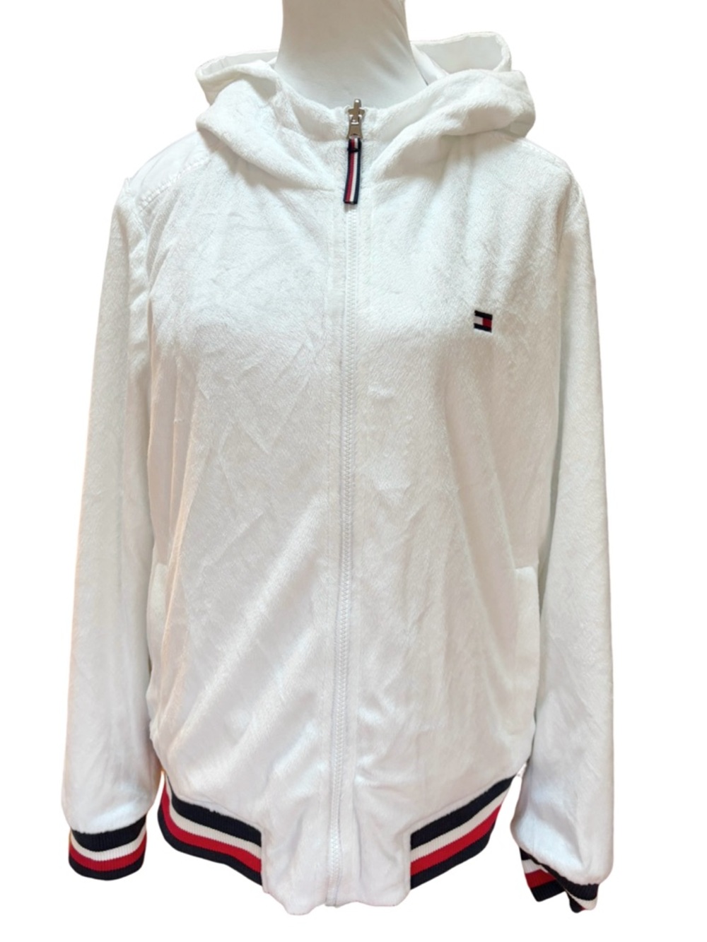 Tommy Hilfiger Reversible Jacket White Fleece & Nylon Hooded Zip Logo NWT Medium - Picture 2 of 9